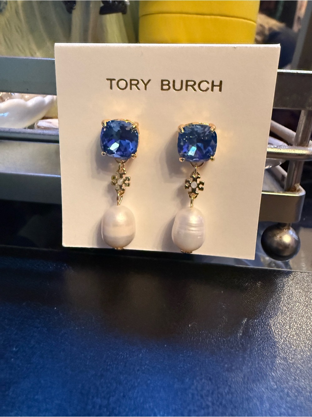 Tory Burch Blue Crystal and Pearl Drop Earrings with Gold Accents